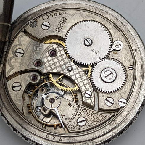 Antique Swiss PRIVILEGE bowling engraving silver side pocket watch in good working order